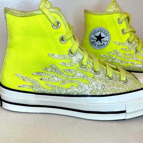 Converse Glitter Flame High Tops. Neon Yellow. Rare Mismatched Pair - Picture 2 of 11